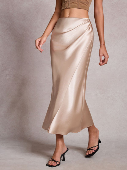 Heap Pleated Satin Skirt Elastic Waist Solid Color Elegant Sheath Skirt