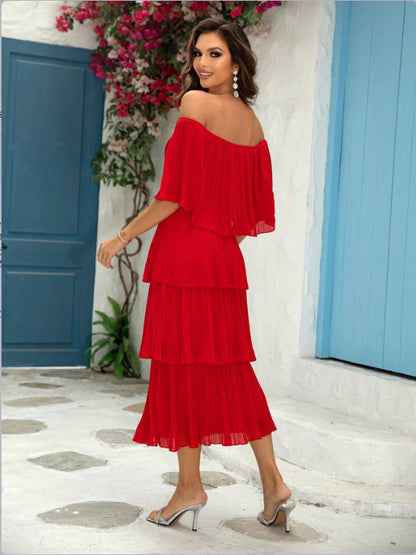 Women Clothing Elegant Boat Neck Pleated Ruffled Dress Maxi Dress