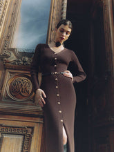 Load image into Gallery viewer, Autumn Winter Long Sleeve Knitted Dress Button Split Russia Hip Wrapped Sweater Cardigan Dress No Belt