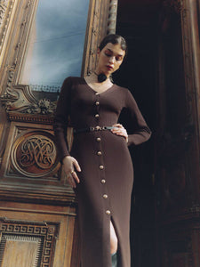 Autumn Winter Long Sleeve Knitted Dress Button Split Russia Hip Wrapped Sweater Cardigan Dress No Belt