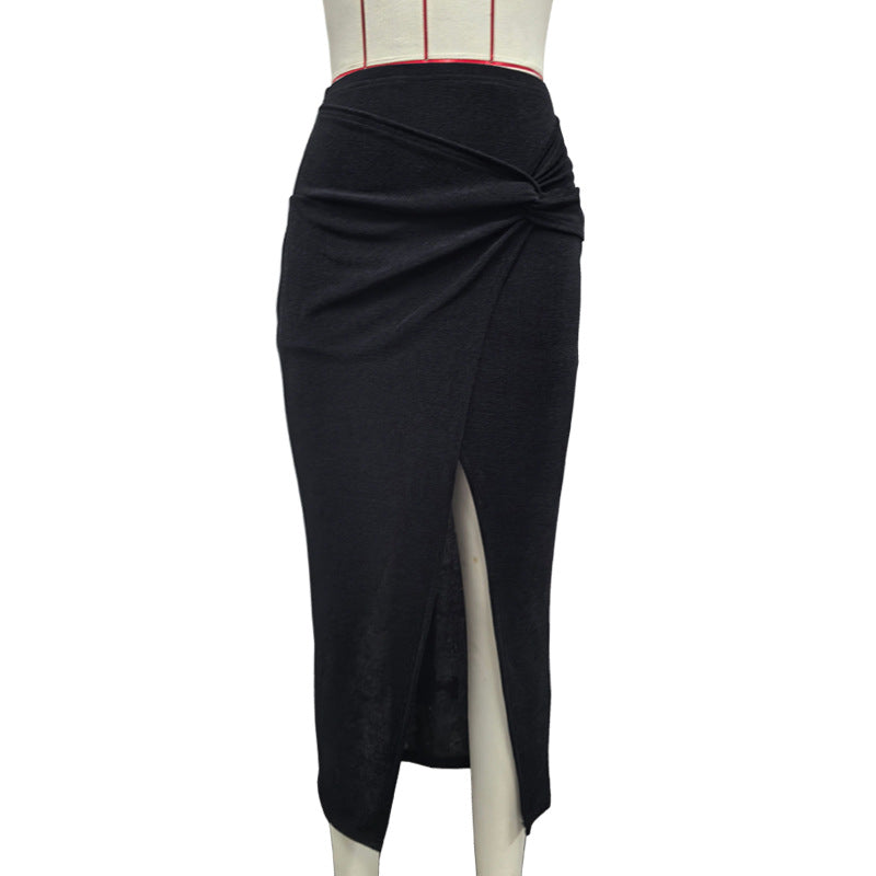 Ruched Knot-Front High Slit Maxi Skirt – Taupe & Black | Women’s High waist maxi skirt