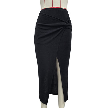 Ruched Knot-Front High Slit Maxi Skirt – Taupe & Black | Women’s High waist maxi skirt