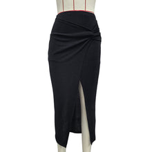 Load image into Gallery viewer, Ruched Knot-Front High Slit Maxi Skirt – Taupe &amp; Black | Women’s High waist maxi skirt | Office, Travel, Date Night Outfit
