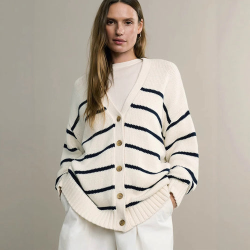 Striped Knitted Cardigan Women Autumn Winter V neck Cardigan Sweater Cotton Striped Sweater Women
