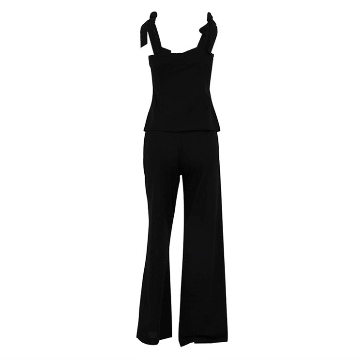 Spring Summer Black Bandeau Sling Top High Waist Wide Leg Pants Two Piece Set