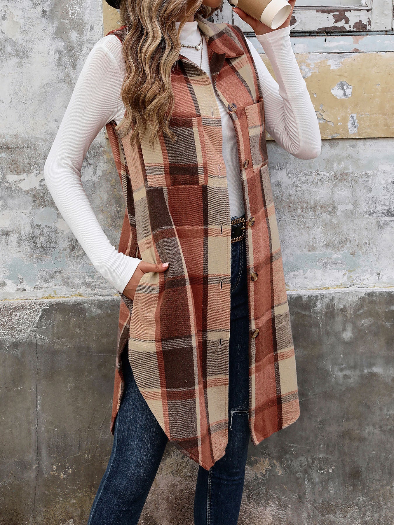 Autumn Winter Sleeveless Collared Cardigan Coat Retro Mid Length Plaid Vest