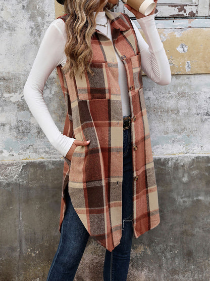 Autumn Winter Sleeveless Collared Cardigan Coat Retro Mid Length Plaid Vest