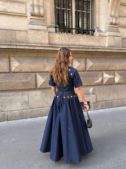 Summer Casual Unique Metal Button Lace up Denim Skirt Two Piece Sets