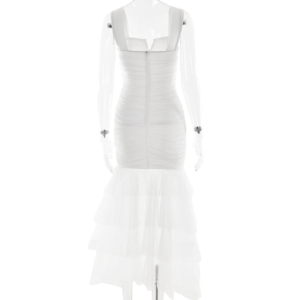 Ruched Tulle & Lace Bodycon Maxi Dress - Tiered Ruffle Mermaid Dress - Wedding Cocktail & evening dress.