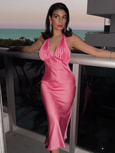 Load image into Gallery viewer, pink summer sundress, pink satin slip dress, pleated midi slip dress, midi slip dress, summer cocktail dress.