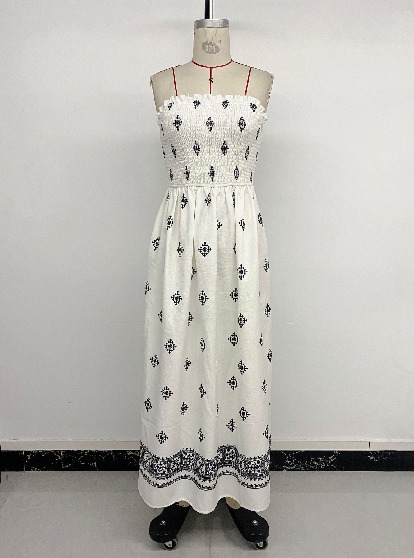 Blair Smocked Strapless Tube Midi Dress | A-line empire waist boho midi dress | Smocked geometric print midi