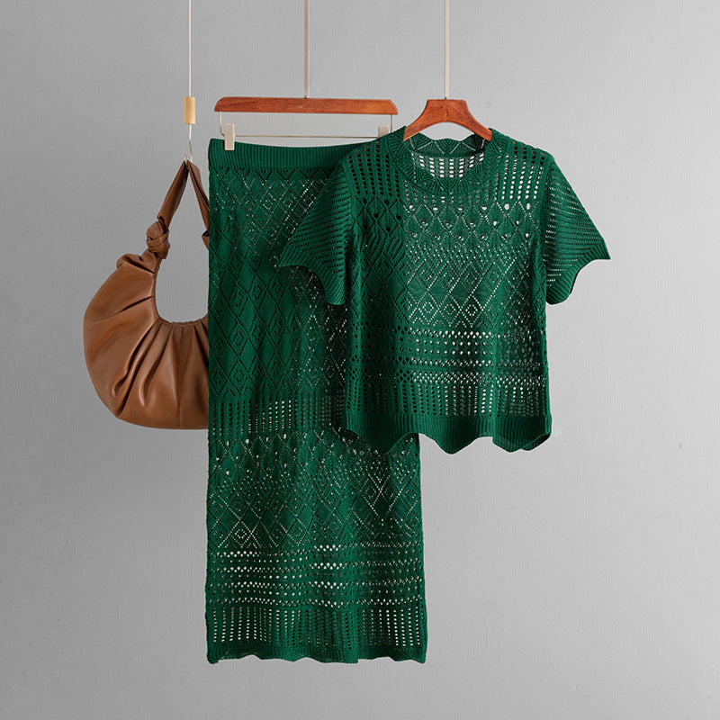 Women Summer Hollow Out Cutout Short-Sleeved Knitted Top Casual Skirt Two Piece Sets