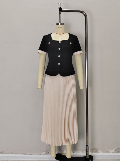 Elegant Light Luxury Office Short Sleeve Chanel Top Elastic Waist Tightening Pleated Skirt Elegant Outfit Two Piece Sets