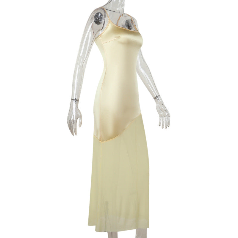 Yellow Satin Maxi Dress with Mesh Panels | Summer Mesh Dress | Asymmetrical Long Maxi Dress Sheer