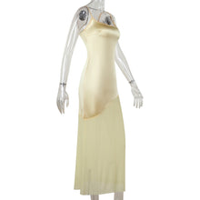 Load image into Gallery viewer, Yellow Satin Maxi Dress with Mesh Panels | Summer Mesh Dress | Asymmetrical Long Maxi Dress Sheer