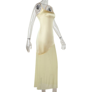 Yellow Satin Maxi Dress with Mesh Panels | Summer Mesh Dress | Asymmetrical Long Maxi Dress Sheer