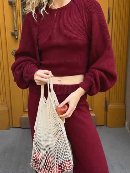 Three Piece Set Autumn Winter Knitted Top Halterneck Vest High Waist Wide Leg Pants Set