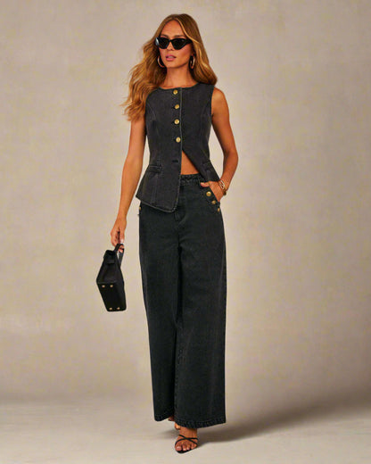 Denim vest and pants set, fancy pantsuit, denim two piece set, dressy pantsuit, vest and pants set, jean two piece set, wide leg pants set, denim matching sets, 2 piece denim pants and jacket set, denim on denim set, jean pantsuit, co ord sets, denim co-ord set, sleeveless button-down denim vest and wide leg jeans set, two piece denim co-ord set for women.
