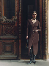 Load image into Gallery viewer, Autumn Winter Long Sleeve Knitted Dress Button Split Russia Hip Wrapped Sweater Cardigan Dress No Belt