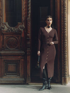 Autumn Winter Long Sleeve Knitted Dress Button Split Russia Hip Wrapped Sweater Cardigan Dress No Belt