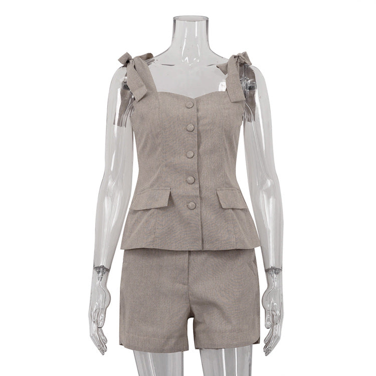 Cotton Bow Suspenders Vest Loose Shorts Two Piece Sets Cardigan Tube Top Women