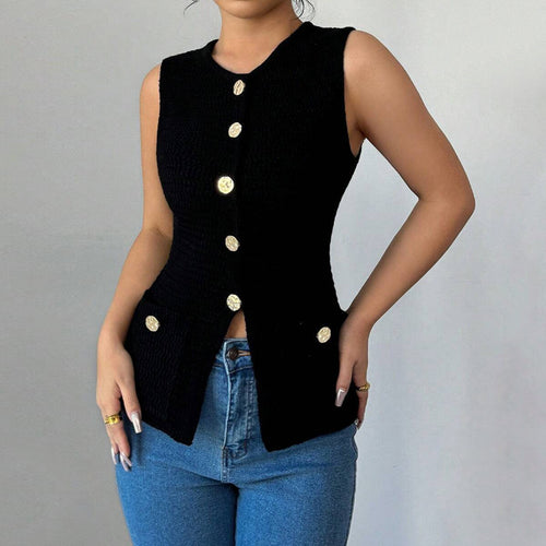 Classic round Neck Vest for Women Spring Autumn Button Vest Cardigan Coat