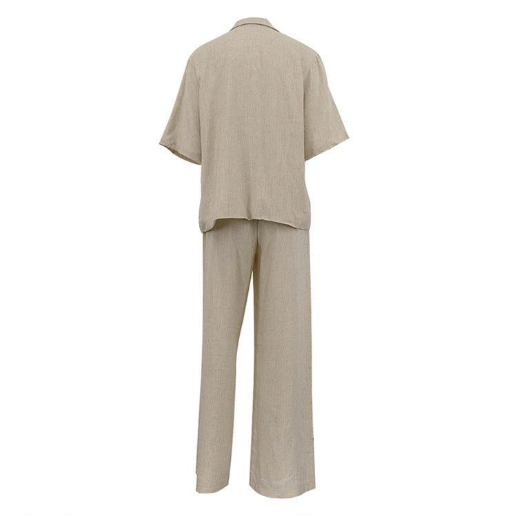 Spring Summer Linen Office Women Collared Half Sleeve Cardigan Top Loose Wide Leg Pants Two Piece Set