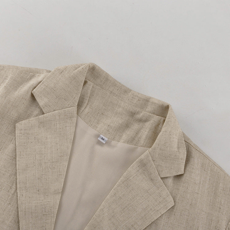 Spring Summer Linen Office Women Collared Half Sleeve Cardigan Top Loose Wide Leg Pants Two Piece Set