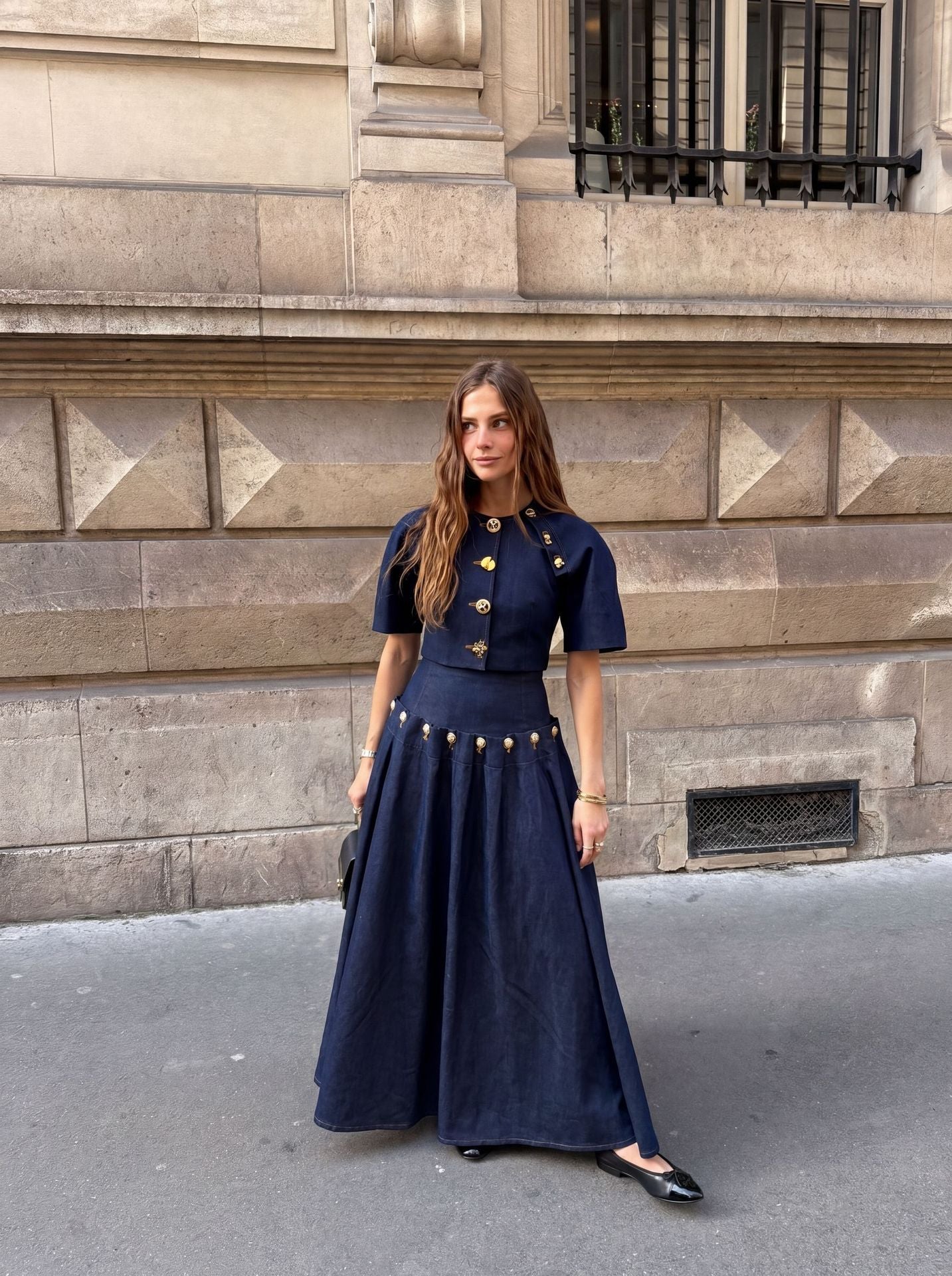 Summer Casual Unique Metal Button Lace up Denim Skirt Two Piece Sets
