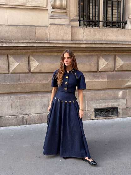 Summer Casual Unique Metal Button Lace up Denim Skirt Two Piece Sets
