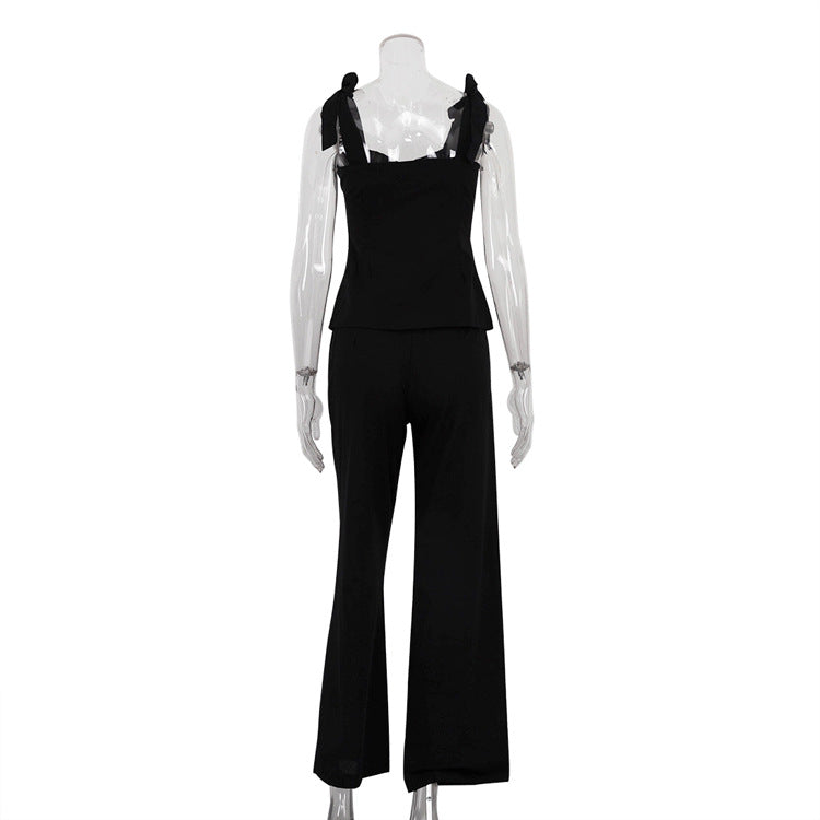 Spring Summer Black Bandeau Sling Top High Waist Wide Leg Pants Two Piece Set
