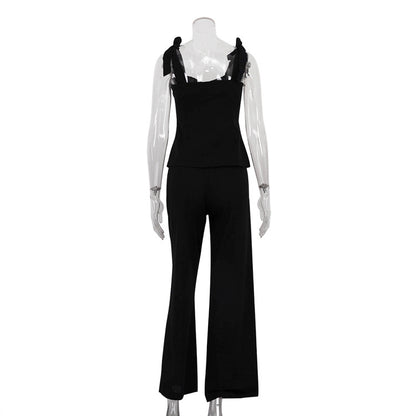Spring Summer Black Bandeau Sling Top High Waist Wide Leg Pants Two Piece Set