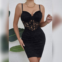 Load image into Gallery viewer, Black Corset Dress, lace up midi dress, corset lace dress, black bodycon dress, black lace bodycon dress, corset midi dress, fishnet dress,  Bodycon Bandage Dress, mesh dress, Bodycon Dress, Black lace corset dress, Midi Bandage Dress, sweetheart neckline dress.