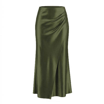 Heap Pleated Satin Skirt Elastic Waist Solid Color Elegant Sheath Skirt