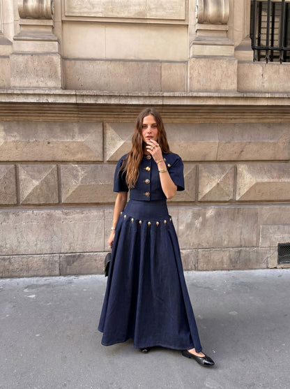 Summer Casual Unique Metal Button Lace up Denim Skirt Two Piece Sets