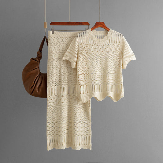 Women Summer Hollow Out Cutout Short-Sleeved Knitted Top Casual Skirt Two Piece Sets