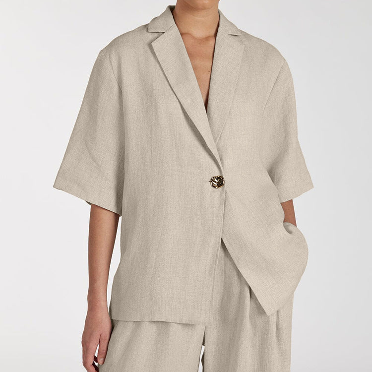 Spring Summer Linen Office Women Collared Half Sleeve Cardigan Top Loose Wide Leg Pants Two Piece Set