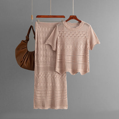 Women Summer Hollow Out Cutout Short-Sleeved Knitted Top Casual Skirt Two Piece Sets