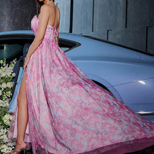 Load image into Gallery viewer, Floral Laceup Maxi Dress, Floral Corset Dress, Flowy Maxi Dress, Pink floral Dress, Corset Dress, Corset dress maxi, Summer floral maxi dress, Wedding guest dress, corset wedding dress, mesh maxi dress, pink floral dress, spring outfits, prom and dance dress, pink floral corset dress, summer dresses for women.