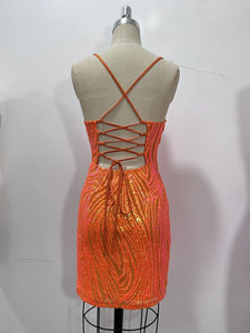 Dress Spring Summer Sexy Sequin Sling Orange Sheath Short Evening Dress Women Clothing