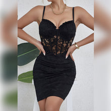 Load image into Gallery viewer, black bodycon dress, bodycon lace dress, lace dress, black lace dress, corset lace up midi dress, black corset midi dress, black mesh bodycon dress, bodycon bandage dress, sexy bodycon dress, black corset dress.