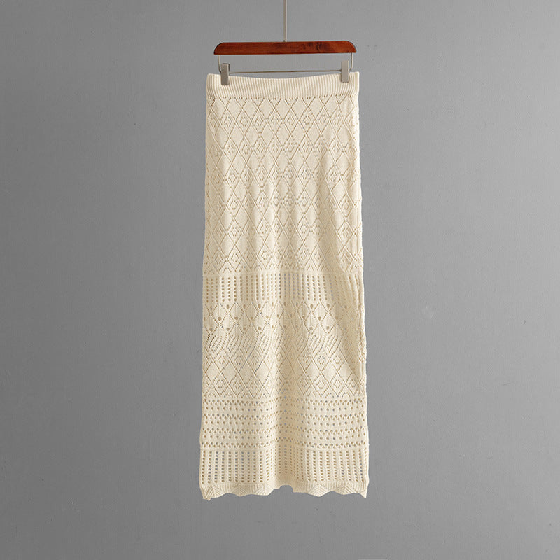 Women Summer Hollow Out Cutout Short-Sleeved Knitted Top Casual Skirt Two Piece Sets
