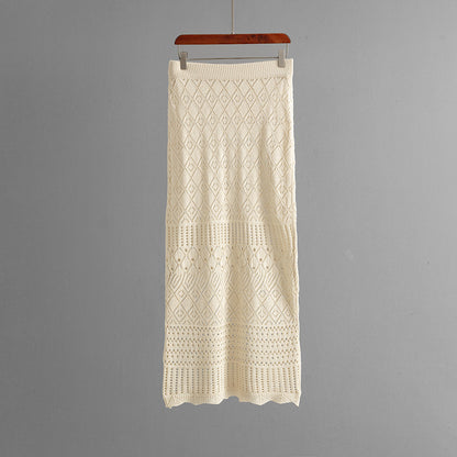 Women Summer Hollow Out Cutout Short-Sleeved Knitted Top Casual Skirt Two Piece Sets