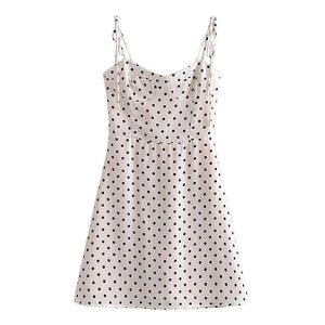 Spring Women Polka Dot Printed Waist-Controlled Tied Spaghetti-Strap Dress