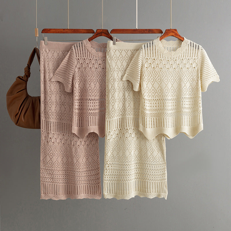 Women Summer Hollow Out Cutout Short-Sleeved Knitted Top Casual Skirt Two Piece Sets