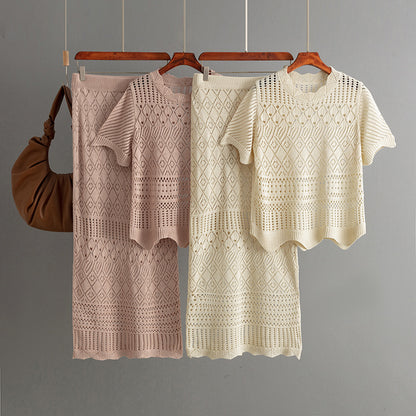 Women Summer Hollow Out Cutout Short-Sleeved Knitted Top Casual Skirt Two Piece Sets