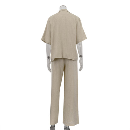 Spring Summer Linen Office Women Collared Half Sleeve Cardigan Top Loose Wide Leg Pants Two Piece Set