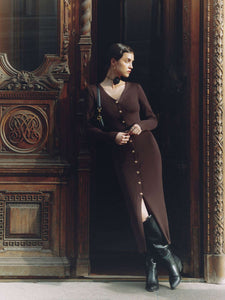 Autumn Winter Long Sleeve Knitted Dress Button Split Russia Hip Wrapped Sweater Cardigan Dress No Belt
