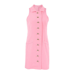 Summer All Match Office Sleeveless Collared Slim Fit Slimming Solid Color Classic Faux Pocket Dress Short for Women