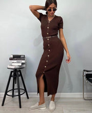 Load image into Gallery viewer, V neck Multi Breasted Dress Knitted Solid Color Slim Fit Short Sleeve Elegant Retro Long Knitted Hip Dress Women
